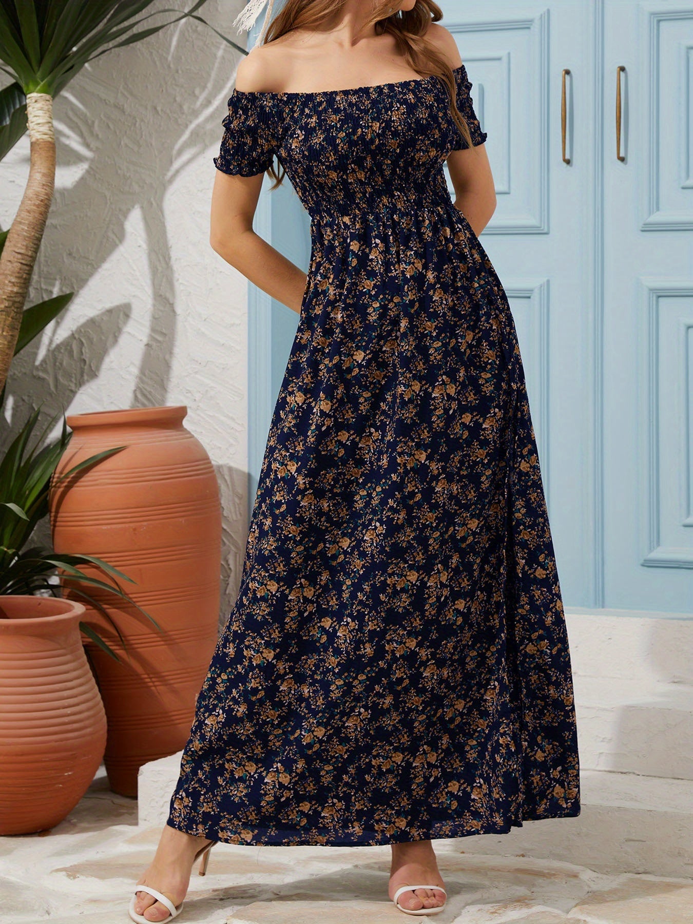 Women's Summer Elegant Off-Shoulder Printed Maxi Dress With Slit Hem  Perfect For Parties & Dates