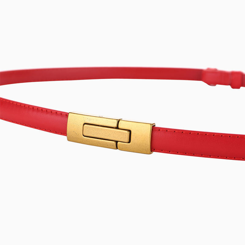 Women's Leather Thin Belt First Layer Cow Leather Button