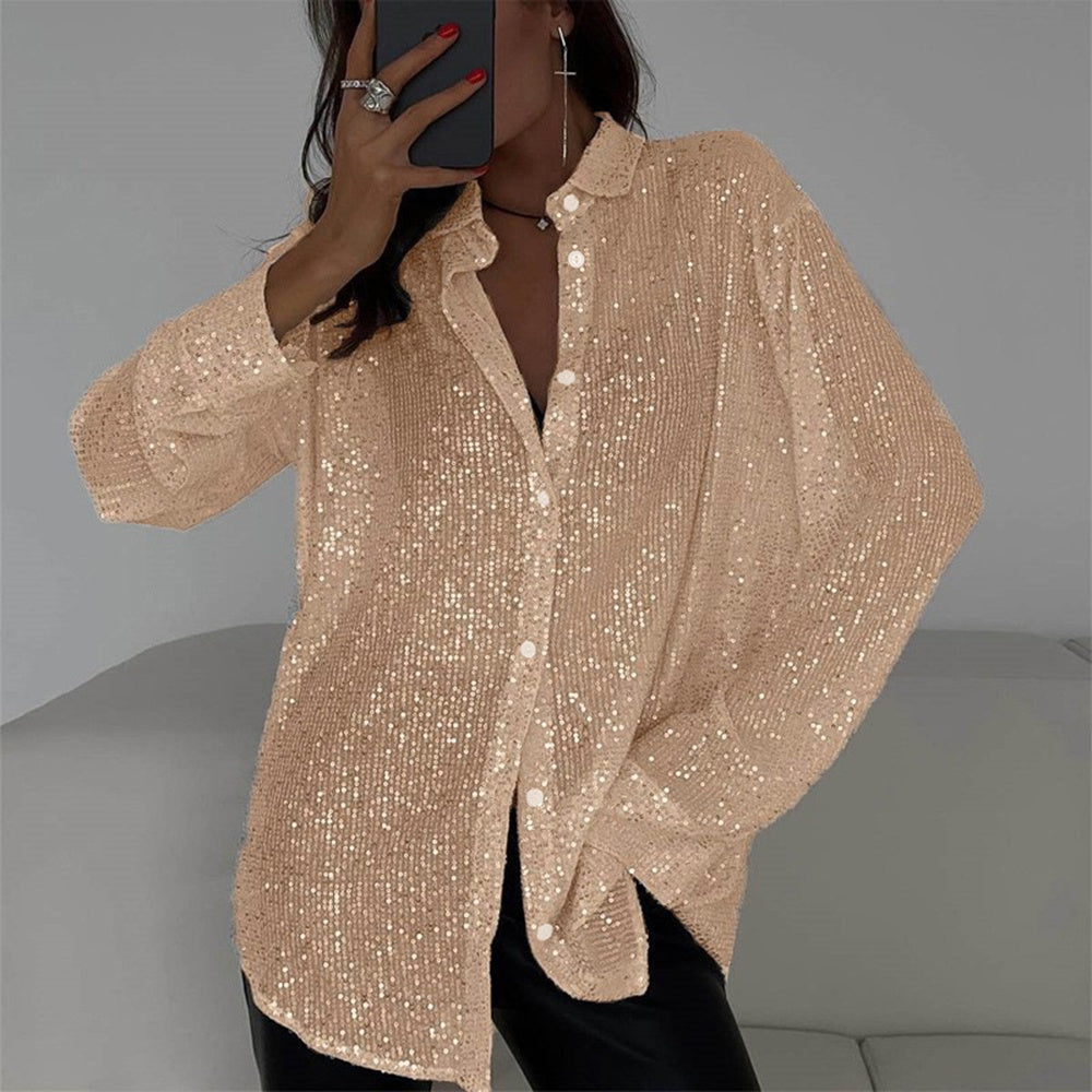 Elegant Women's Sequin Shirt - Stylish Long Sleeve Button-Up Blouse With Glitter Details, Perfect For Party & Casual To Formal Wear