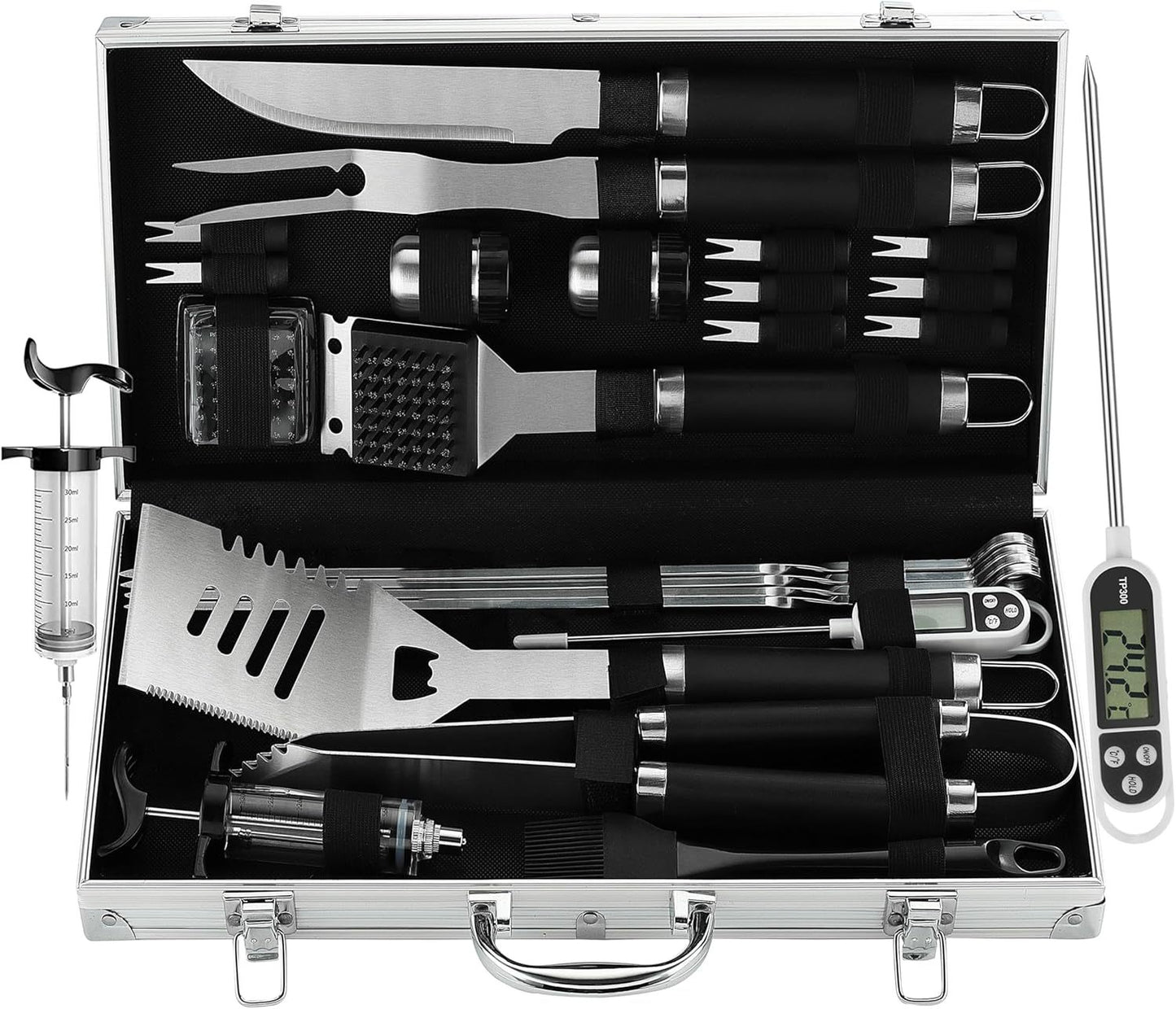 Grilljoy 24PCS BBQ Grill Tools Set With Meat Thermometer And Injector - Extra Thick Stainless Steel Fork, Spatula& Tongs - Complete BBQ Accessories In Aluminum Case - Perfect Grill Gifts For Men