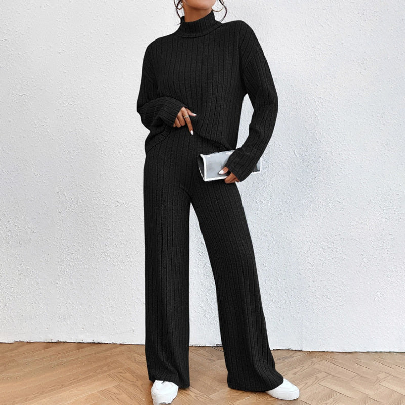 Women's Solid Color 2-Piece Set High Neck Long Sleeve Top & Pants, Striped Loungewear For Fall&Winter