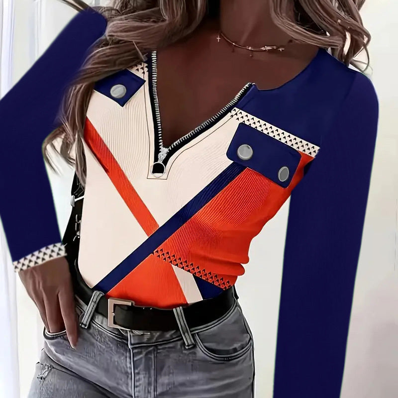 Women's Elegant Color-Block V-Neck Long Sleeve Top With Zip Detail - Spring&Fall Casual & Semi-Formal Blouse