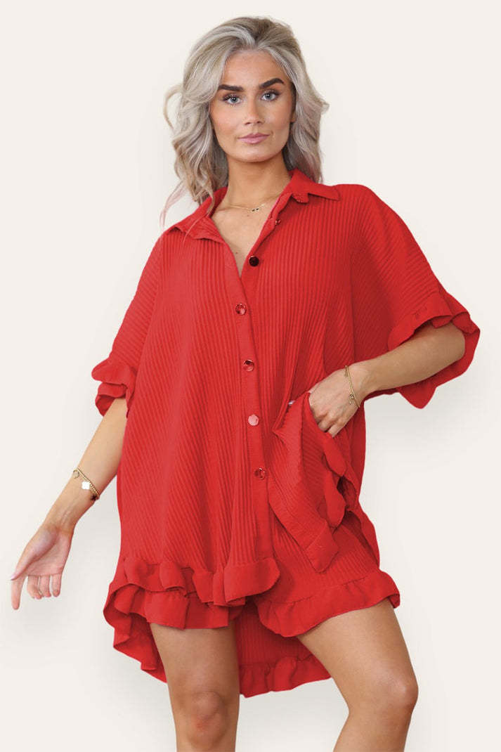 Button Pleated Frilled Ruffle Short Sleeves Shirt Top And Short Co-Ord Set