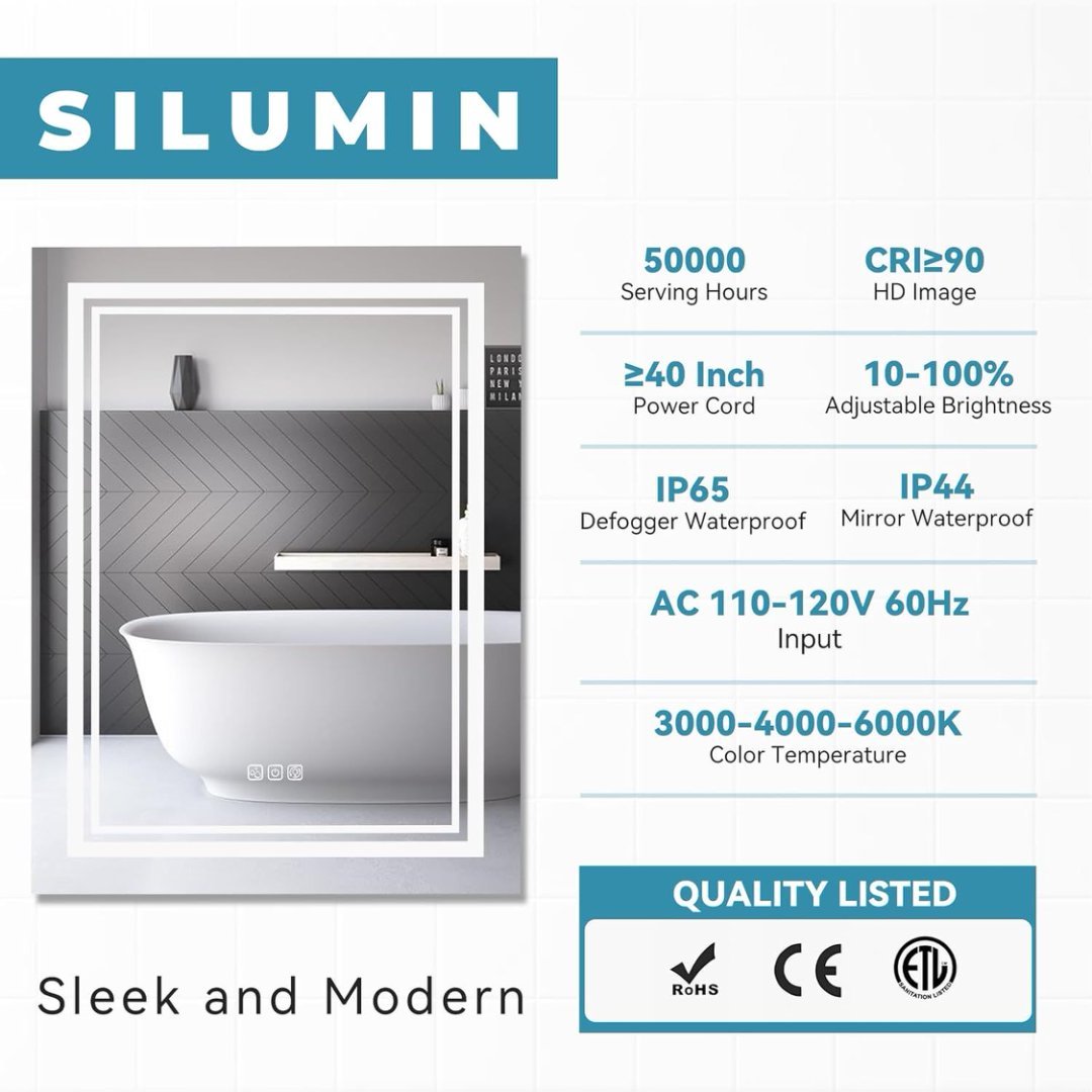 Bright LED Bathroom Mirror Front Light, 5 Mins Defog, Full HD Reflected, 3 Colors Dimmable, Wall Mounted