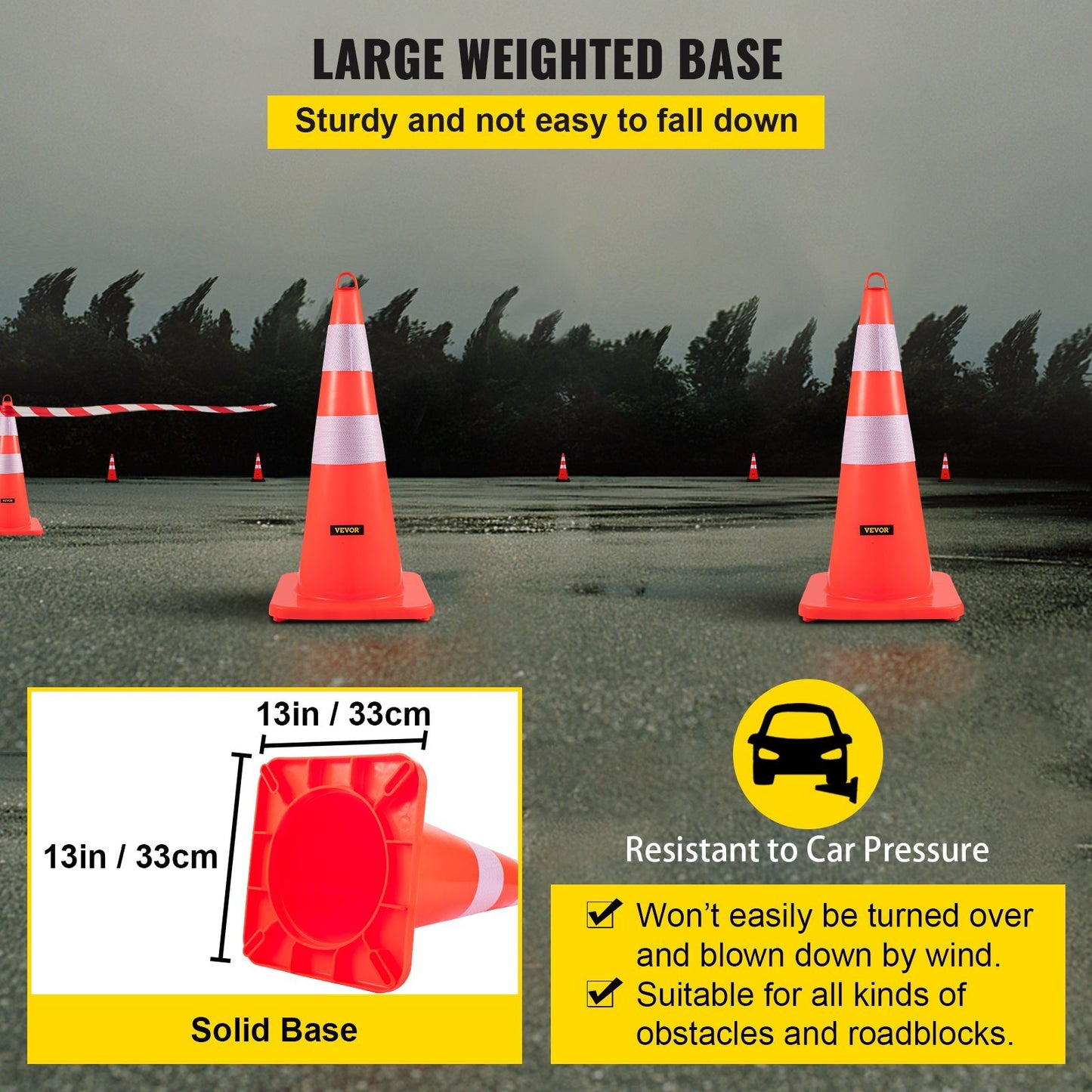 VEVOR Safety Cones, 10PCS Traffic Cones, PVC Orange Construction Cones, 2 Reflective Collars Traffic Cones With Weighted Base And Hand-Held Ring Used For Traffic Control, Driveway Road Parking