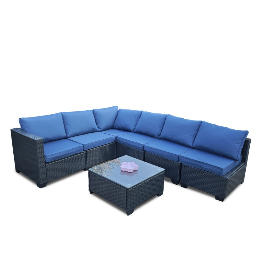 Seven-Piece Sofa Set Table With Sofa Chair Black PE Rattan Outdoor Furniture 7-JH001 Box 3-1-2-3 With Blue Color Cushion