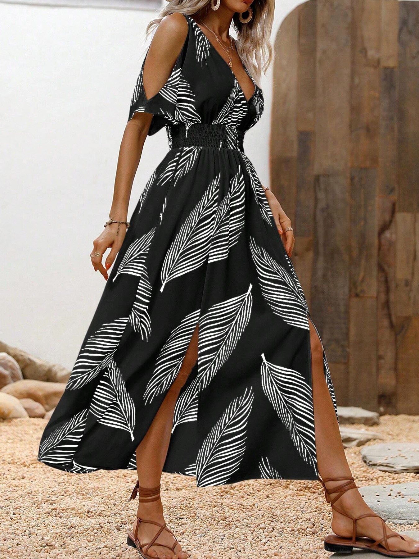 Women's Summer Sexy Cross V-neck Printed Off-the-Shoulder Dress - Elegant Waist-Defined Evening Maxi Dress