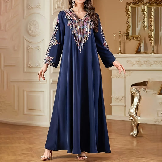 Women's Plus Size V-Neck Embroidered Print Boho Vintage Long Sleeve Maxi Dress For Vacation