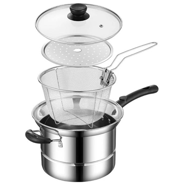 4pcs Non Stick Chip Pan Deep Fat Fryer Cooking Noodle Soup Pot Frying Basket Lid