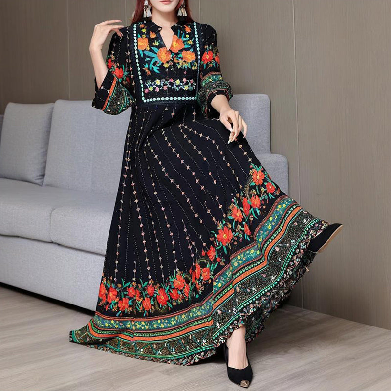 Women's Ethnic Style V-Neck Long Sleeve Dress - Embroidered Floral Pattern A-Line Maxi Dress With Printed Hem Middle Eastern Inspired Fashion