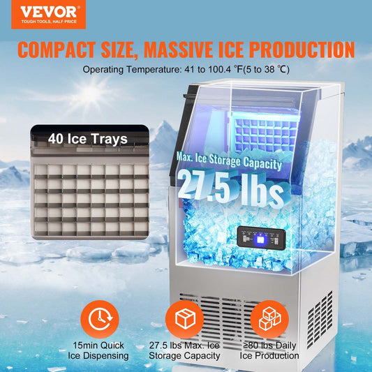 VEVOR Commercial Ice Maker, 80lbs 24H, Ice Maker Machine, 40 Ice Cubes In 12-15 Minutes, Freestanding Cabinet Ice Maker With 27.5lbs Storage Capacity LED Digital Display, For Bar Home Office Restauran