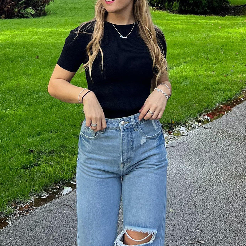 Womens Short Sleeve Shirts Crewneck Ribbed Knit Slim Fitted T-Shirt Summer Basic Tee Tops