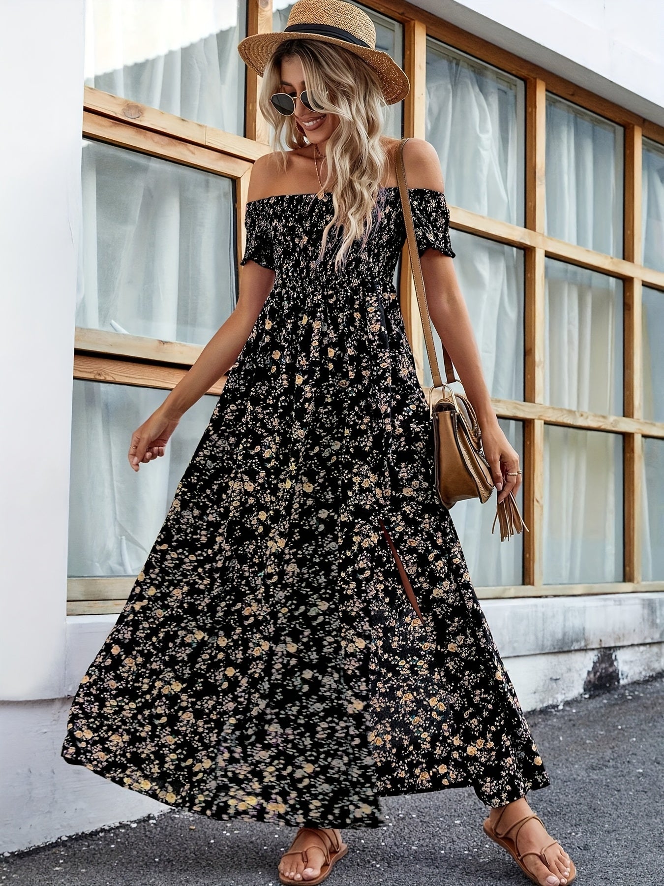 Women's Summer Elegant Off-Shoulder Printed Maxi Dress With Slit Hem  Perfect For Parties & Dates