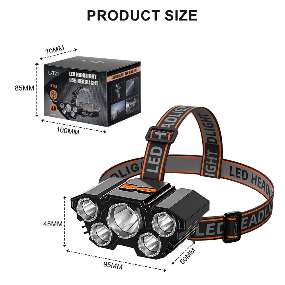 USB  LED Headlamp Rechargeable LED Lamp Headlight Head Torch Cable Light