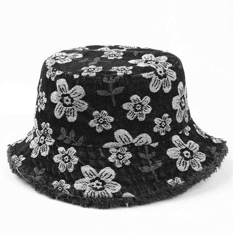 Flower Embroidered Denim Bucket Hat Korean Washed-out Distressed