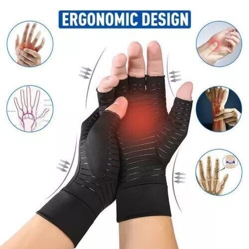 Anti Arthritis Fingerless Copper Compression Gloves Hand Support Pain Relief UK