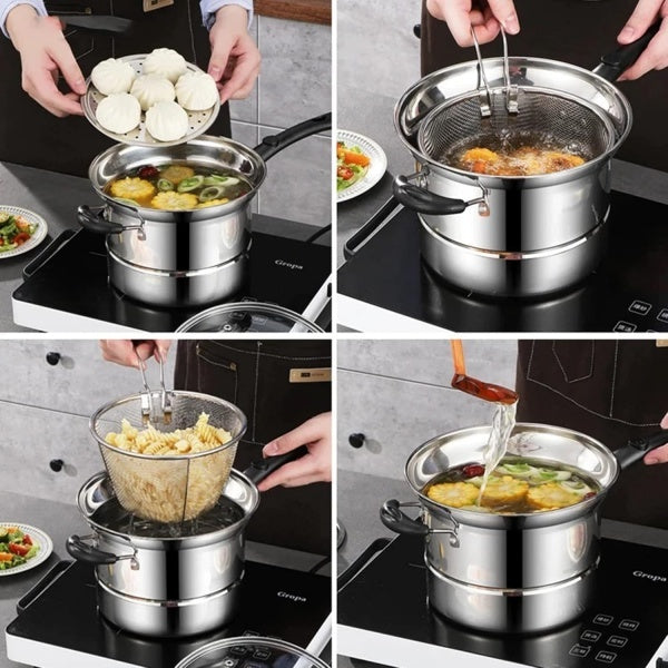 4pcs Non Stick Chip Pan Deep Fat Fryer Cooking Noodle Soup Pot Frying Basket Lid