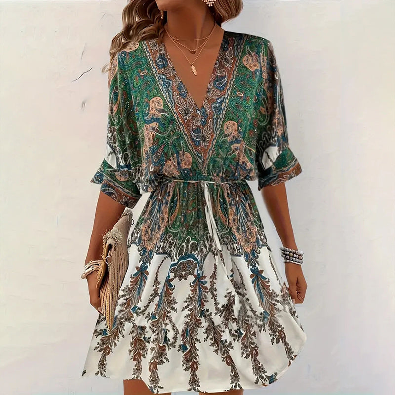 Women's Vintage Floral Butterfly Print Dress - Batwing Sleeve, Deep V-Neck & Ruffle Waist With Tie Detail