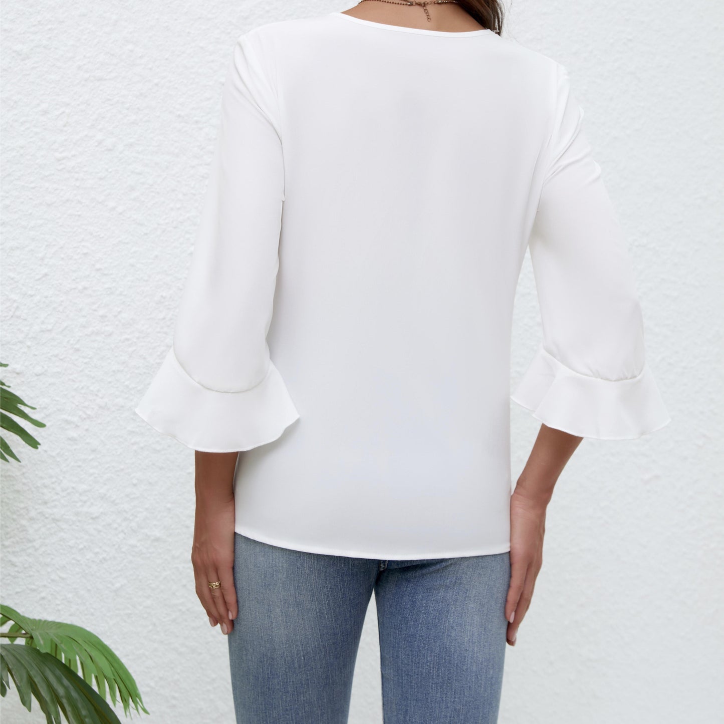 Women's Solid Color V-neck Ruffled Irregular Flared Sleeve Shirt Top