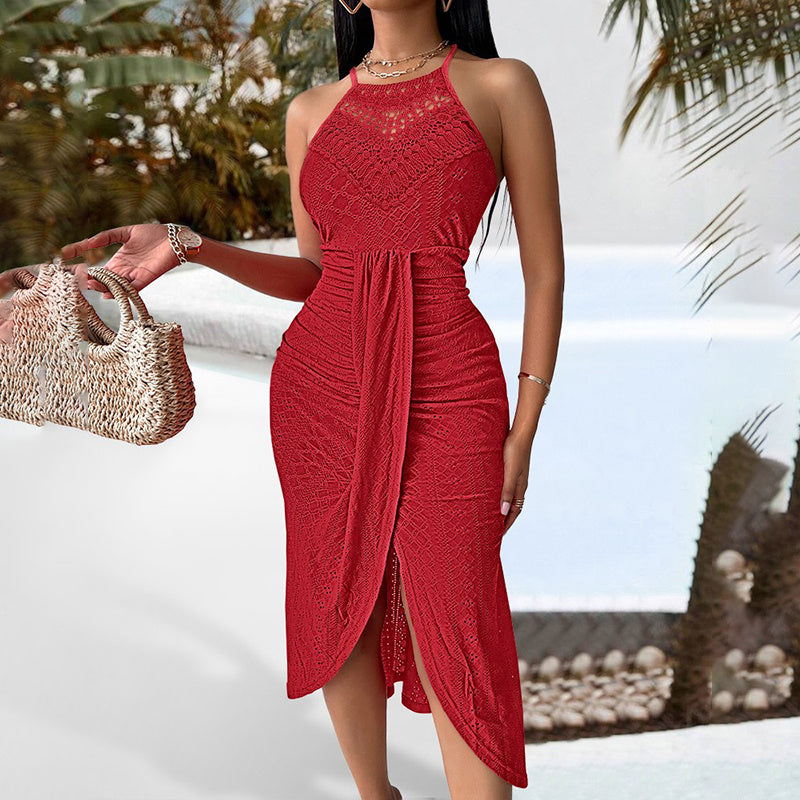 Women's Sexy Halter Neck Ruched Bodycon Midi Dresses Elegant Sleeveless Cocktail Party Dress