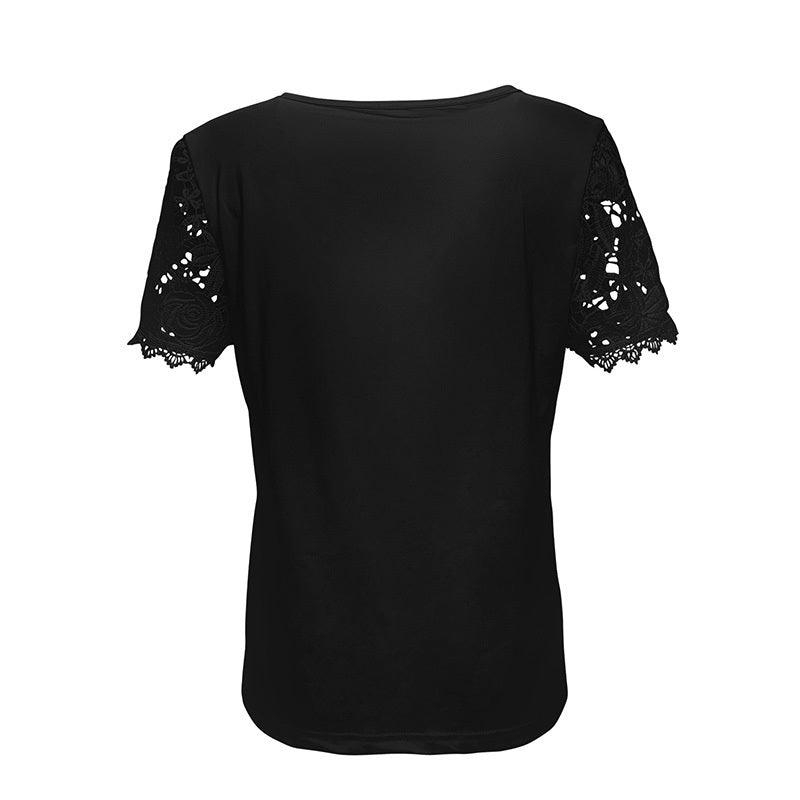 Womens Lace Short Sleeve Crew Neck T Shirts Summer Casual Tops Loose Fit Tees Blouses