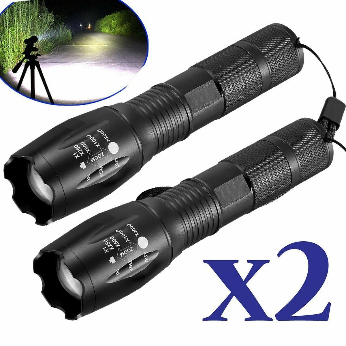 2x 990000LM Bright LED Flashlight Rechargeable Torch Camping Zoom Light Lamp