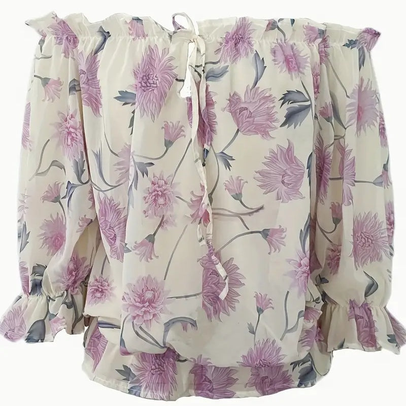Womens Summer Off Shoulder Blouse Floral Print Ruffle Sleeve Casual Chiffon Tops Shirts