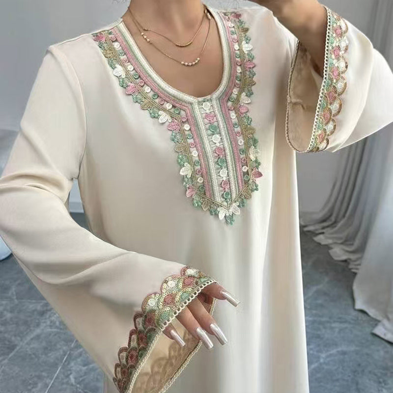 Women's Middle Eastern Embroidered Maxi Dress - Round Neck Long Sleeve Flowy Kaftan With Exquisite Embroidery, Loose Fit