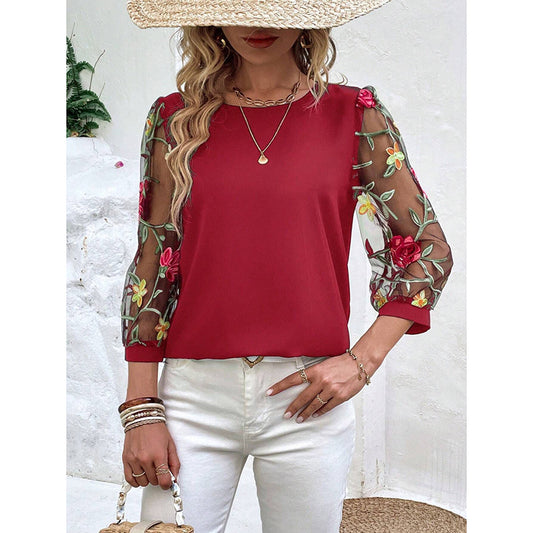 Women's Floral Embroidery Contrast Mesh Puff Sleeve Crew Neck Tee Shirt Tops