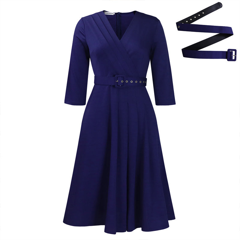 Women's Elegant V-Neck Cross-Wrap A-Line Dress With Belt & Ruffled Hem - Office & Casual Solid Dress For Spring&Summer