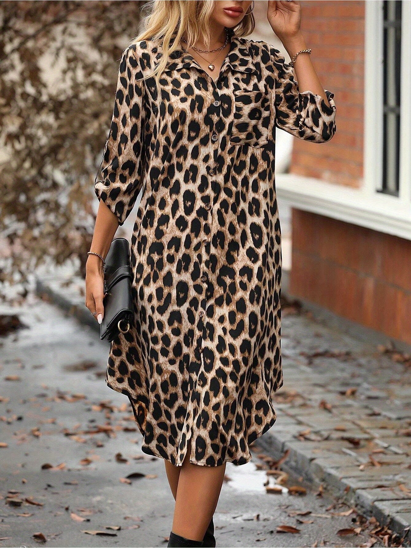 Women's Leopard Print Rolled Sleeve Button-Down Shirt Dress
