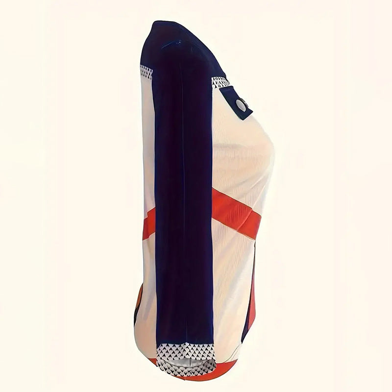 Women's Elegant Color-Block V-Neck Long Sleeve Top With Zip Detail - Spring&Fall Casual & Semi-Formal Blouse