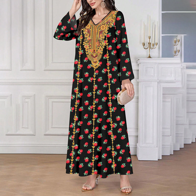 Women's Plus Size Ethnic Maxi Dress - Bohemian Embroidered Floral Print V-Neck Retro Long Dress
