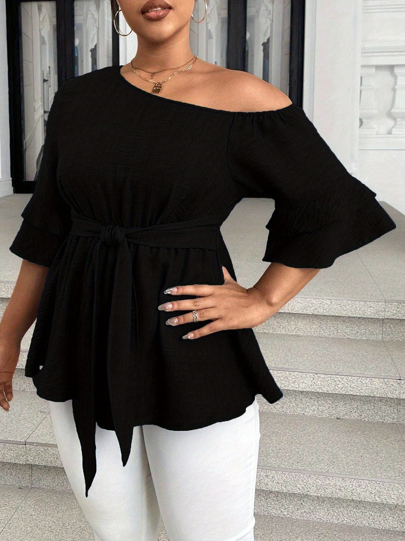 Women's Plus Size Sexy One-Shoulder Blouse - Summer Elegant Party Top With Waist Tie