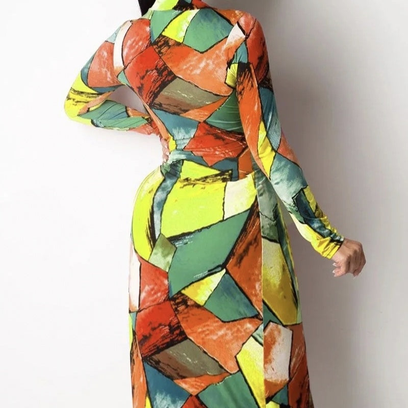 Ladies' Color Block Printed Sexy And Fashionable Slit Long Sleeved Dress