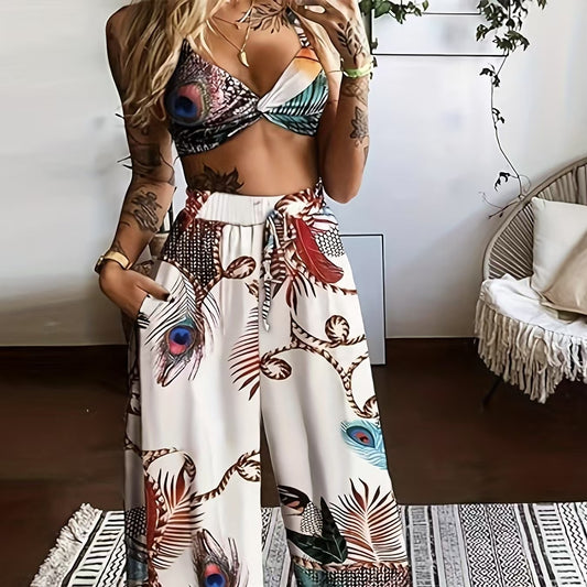 Women's Feather Printed Black Vacation Sexy Strap Pants Set
