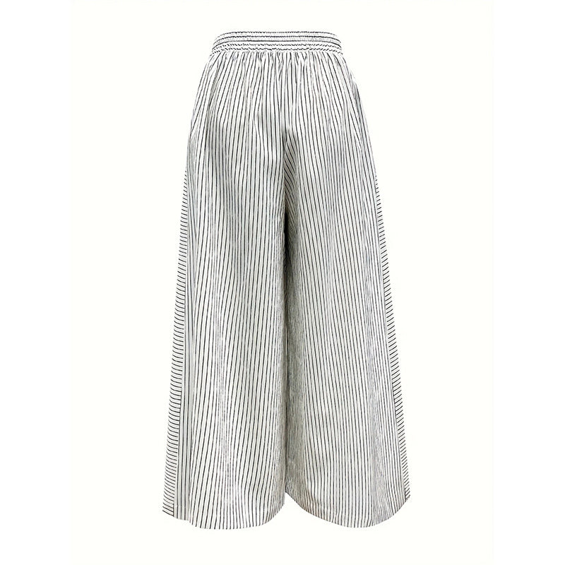 Womens Summer Casual Loose Striped Wide Leg Lounge Pants Elastic Waist Trousers With Button Details