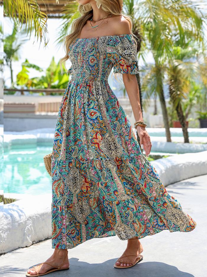Women's Elegant Paisley Pattern Print One Shoulder Dress Summer Casual Party Essential Long Dress