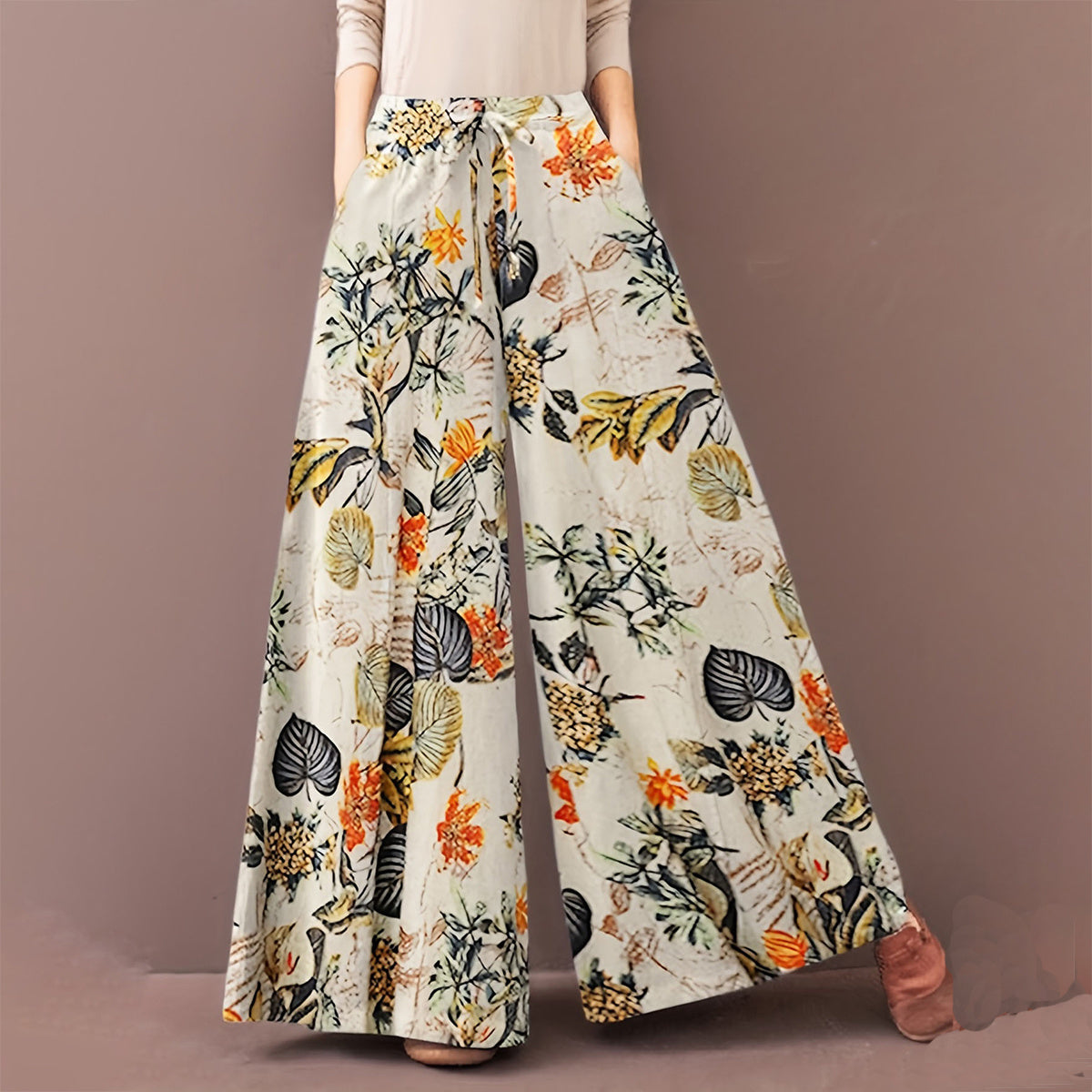 Plus Size Botanical Print Tie Women'S Casual Waisted Loose Wide Leg Pants