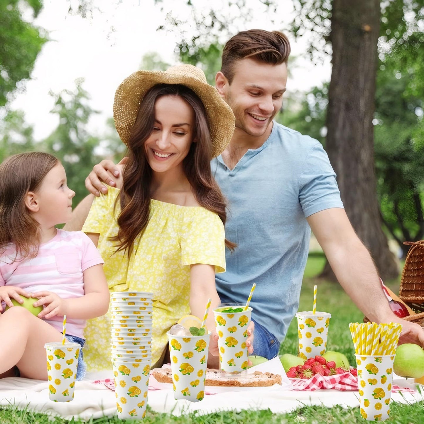 180pcs Lemonade Paper Cups With Lids And Straws 16oz Disposable Cups For Lemon Stand Supplies Summer Party Hot Cold Beverage,Amazon Is Banned,654-10328-G13