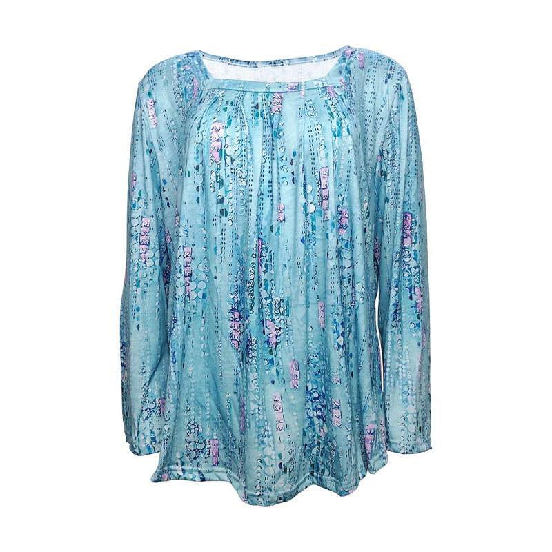 Plus Size Women's Floral Sequin Square Neck Long Sleeve T-Shirt - Printed Casual Spring&Summer Top
