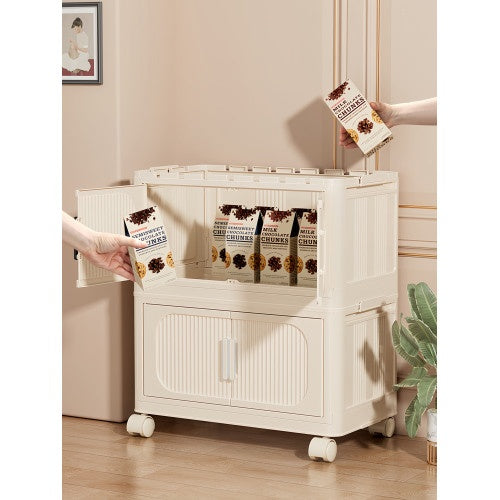 Cream White,19.69 Side Wide Folding Storage Cabinet ,4 Tiers,19.69x11.81x40.55,Collapsible Storage Bins With Magnetic Door, Plastic Storage Cabinet With Wheels