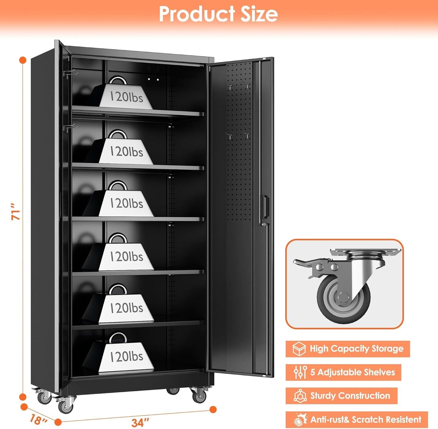 Metal Garage Cabinet With Wheels And Pegboard, Lockable Rolling Steel Cabinet With 5 Adjustable Shelves And Door For Garage, Office, Kitchen, Assembly Required Black