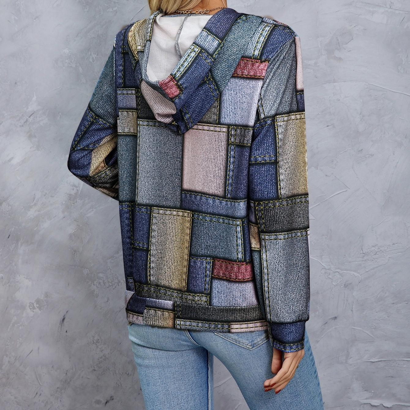 Women's Hooded Geometric Print Drawstring Fashionable Casual Hoodie Top