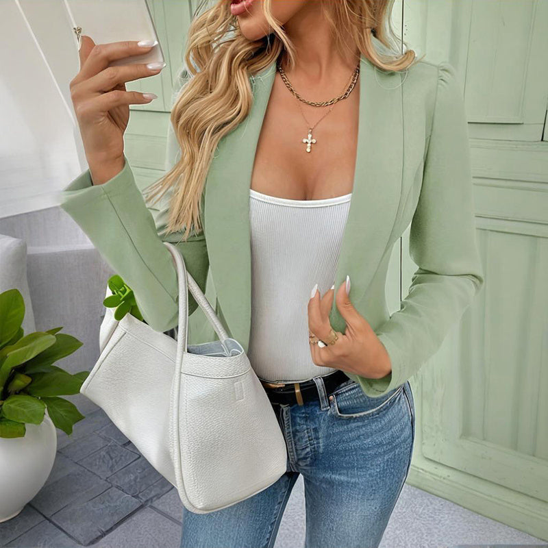 Women's Lapel Casual Sport Jacket Long Sleeve Button Front Blazer, Solid Color Jacket For Spring & Fall