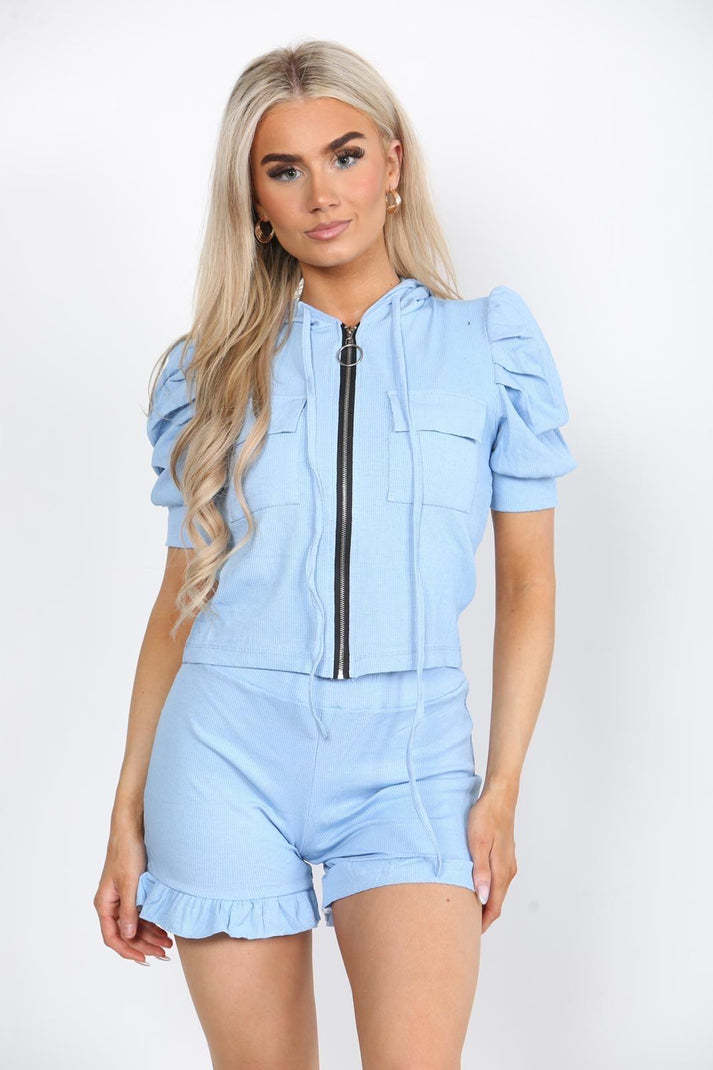 Front Pocket Zip Up Suit Ribbed Hooded Lounge Wear Short Set
