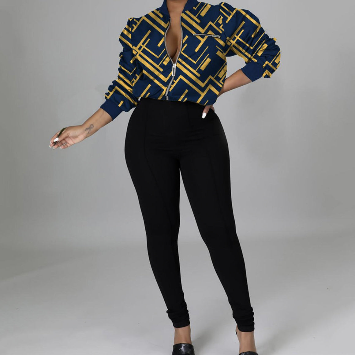 Women's V-neck Zipper Trendy Digital Print Long Sleeved Sweatshirt Jacket Long Pants Set