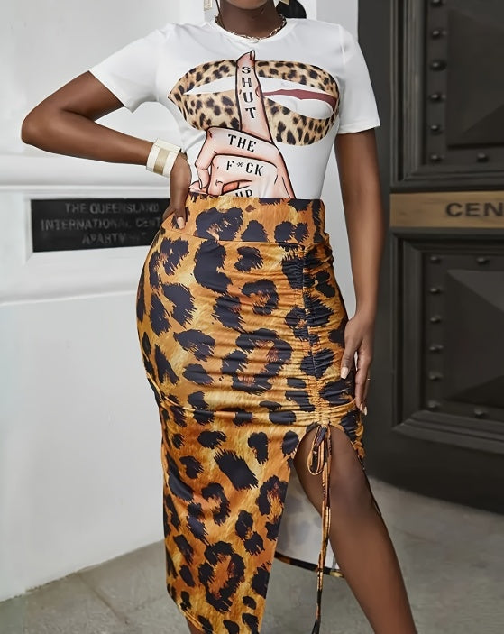 Ladies' Round Neck Printed Leopard Print Split Skirt Set