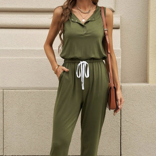 Women's Solid Color Off Shoulder Sleeveless Five Claw Button Top With Pocket Strap Long Pants Two-piece Set