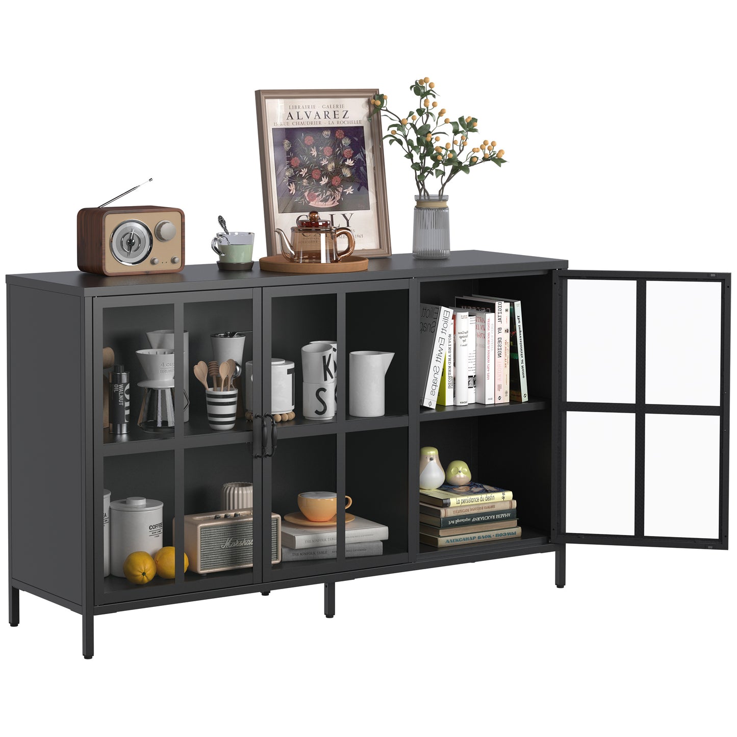 Heavy Duty Metal Modern Sideboard Buffet Cabinet With Storage Premium Steel Storage Cabinet ,Adjustable Feet,Glass Doors,Large Capacity Organizer For Living Room,Bed Room,Dining Room